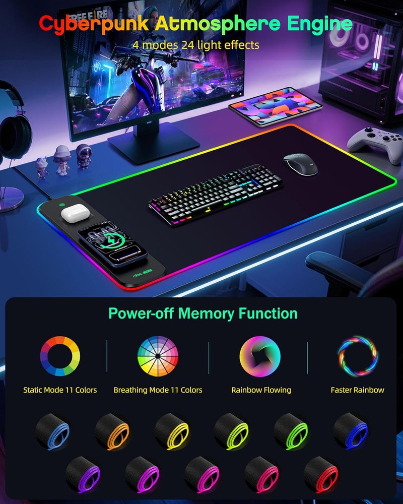 abc.mat 3-in-1 RGB Gaming Mouse Pad with Magnetic Wireless Charging, 31.5"x15.8" Large, 24 Light Effects, Non-Slip Base, Waterproof Ultra-Smooth Surface, with Adapter - Image 2